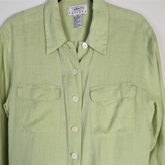 Vintage Talbots Light Green 100% Linen Long Sleeve Button Down Shirt Size 10P - Picture 2 of 6